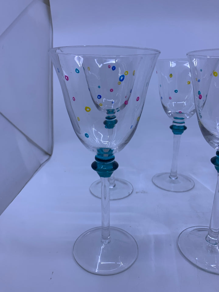 6 LIGHT WEIGHT WINE GLASSES W/ COLORED CIRCLES TOP OF STEM BLUE.