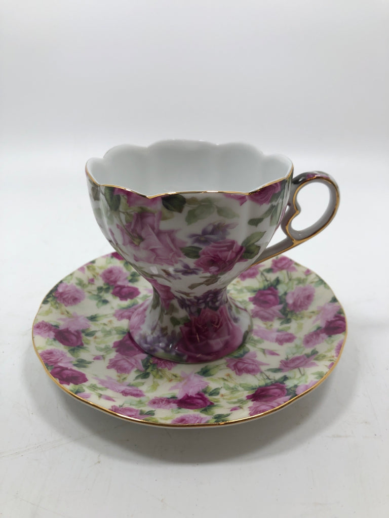 SCALLOP EDGE PINK ROSES CUP/SAUCER VICTORIA'S TEA ROOM.