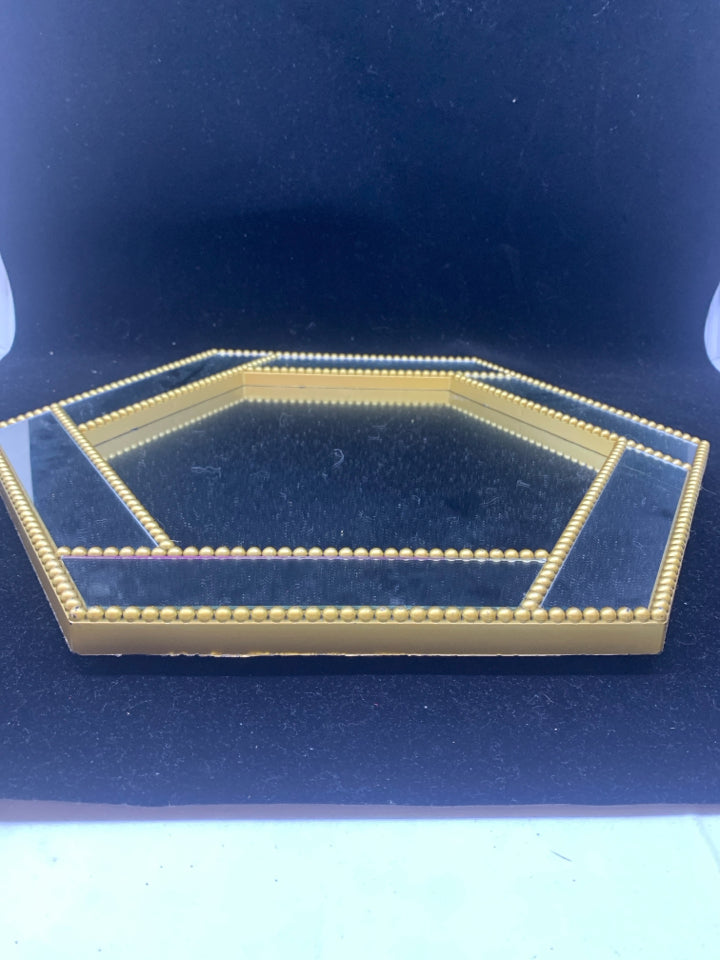 MIRRORED W GOLD ACCENTS ON HEXAGON TRAY.