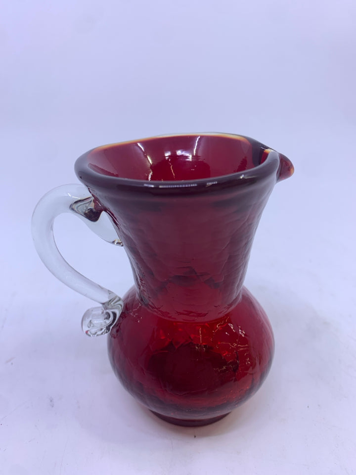 RED CRACKLE GLASS VASE W/HANDLE.