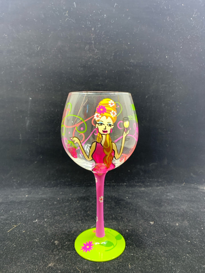 WINE GODDESS GREEN AND PINK PAINTED WINE GLASS.