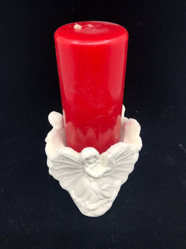 WHITE ANGEL PILLAR CANDLE HOLDER W CANDLE.