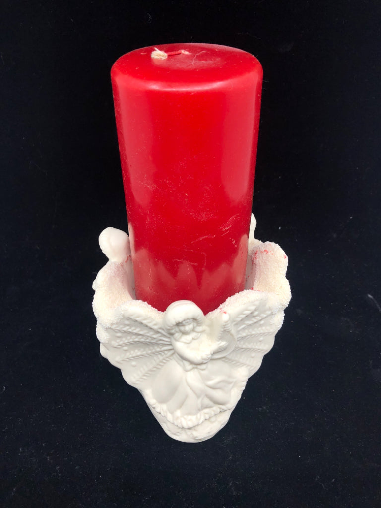 WHITE ANGEL PILLAR CANDLE HOLDER W CANDLE.