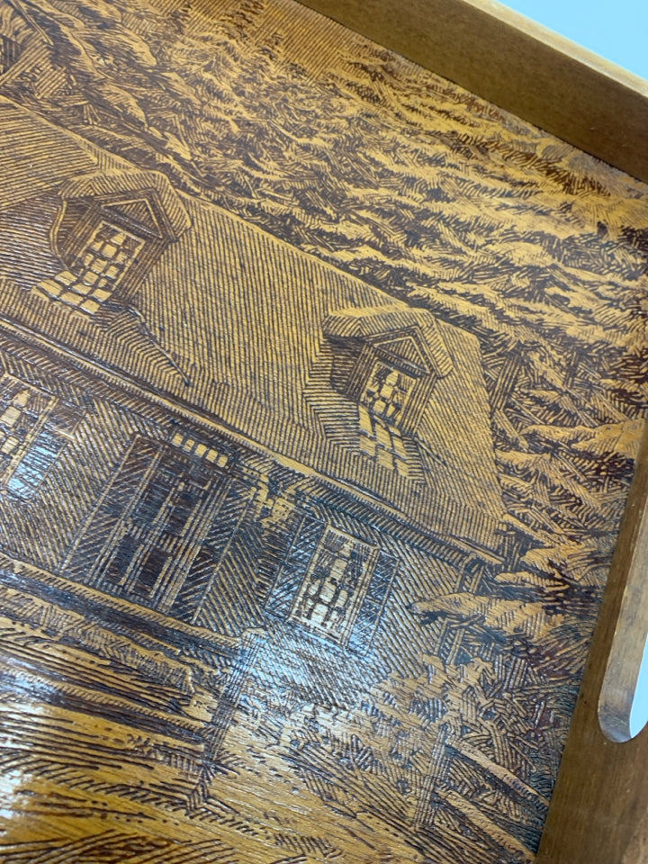 CABIN ETCHED WOOD TRAY W/HANDLES.