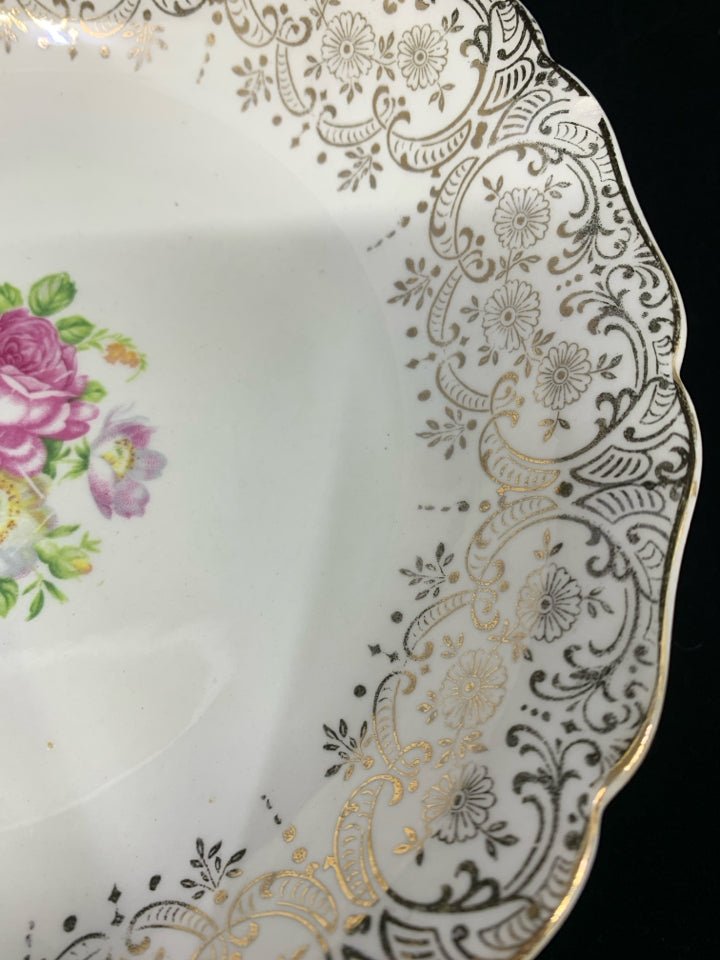 4 VTG SOUP BOWLS IVORY GOLD DESIGN W/ COLORFUL BOUQUET.