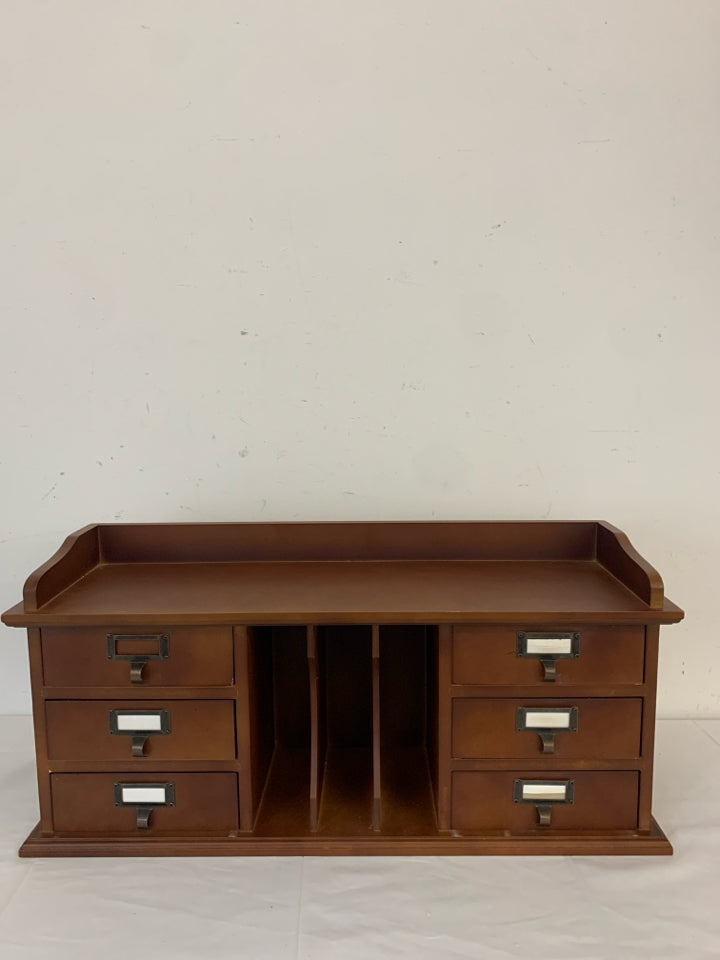 WOODEN DESK ORGANIZER WITH DRAWERS.