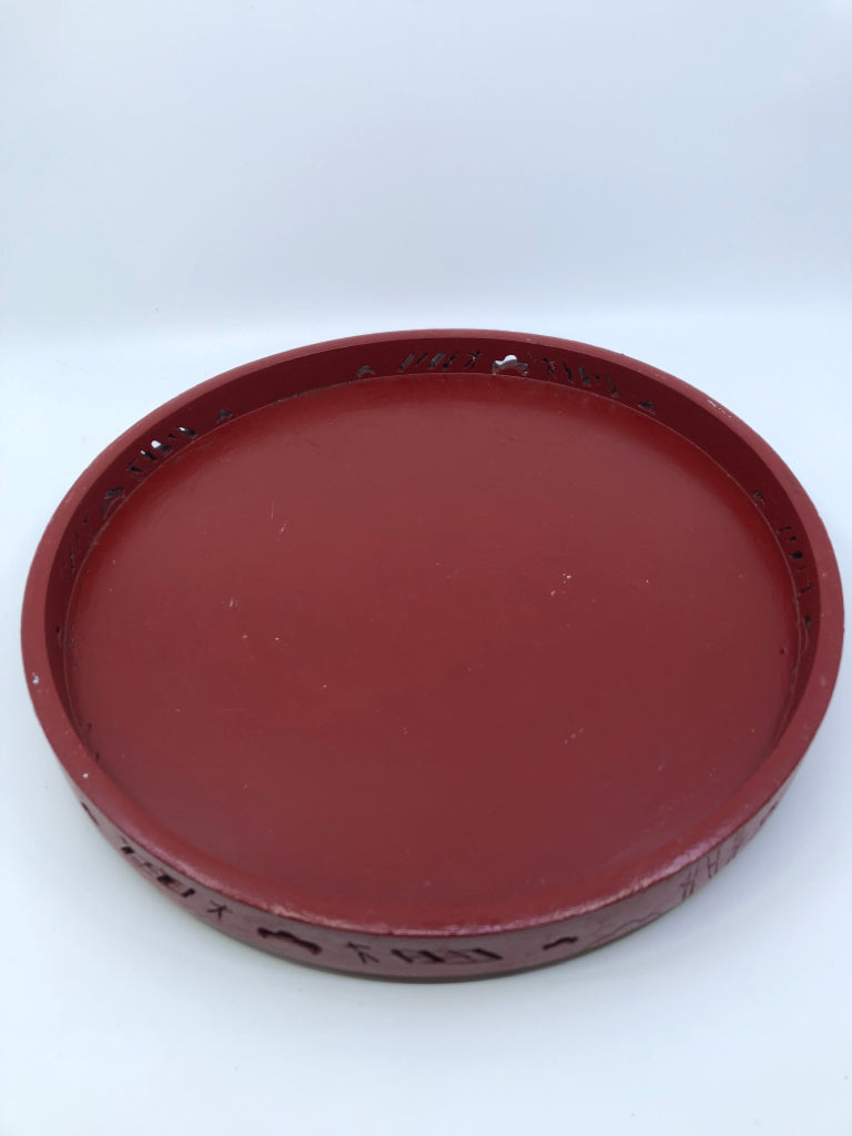 RED WOOD FOOTED TRAY.