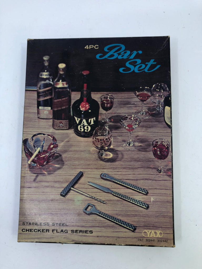 NIB VTG 4 PC STAINLESS STEEL CHECKERED FLAG BAR SET.
