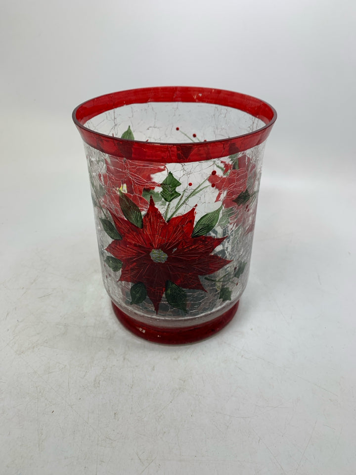 CRACKLE LARGE POINSETTIA PILLAR CANDLE HOLDER W/ STRING LIGHTS YANKEE CANDLE.