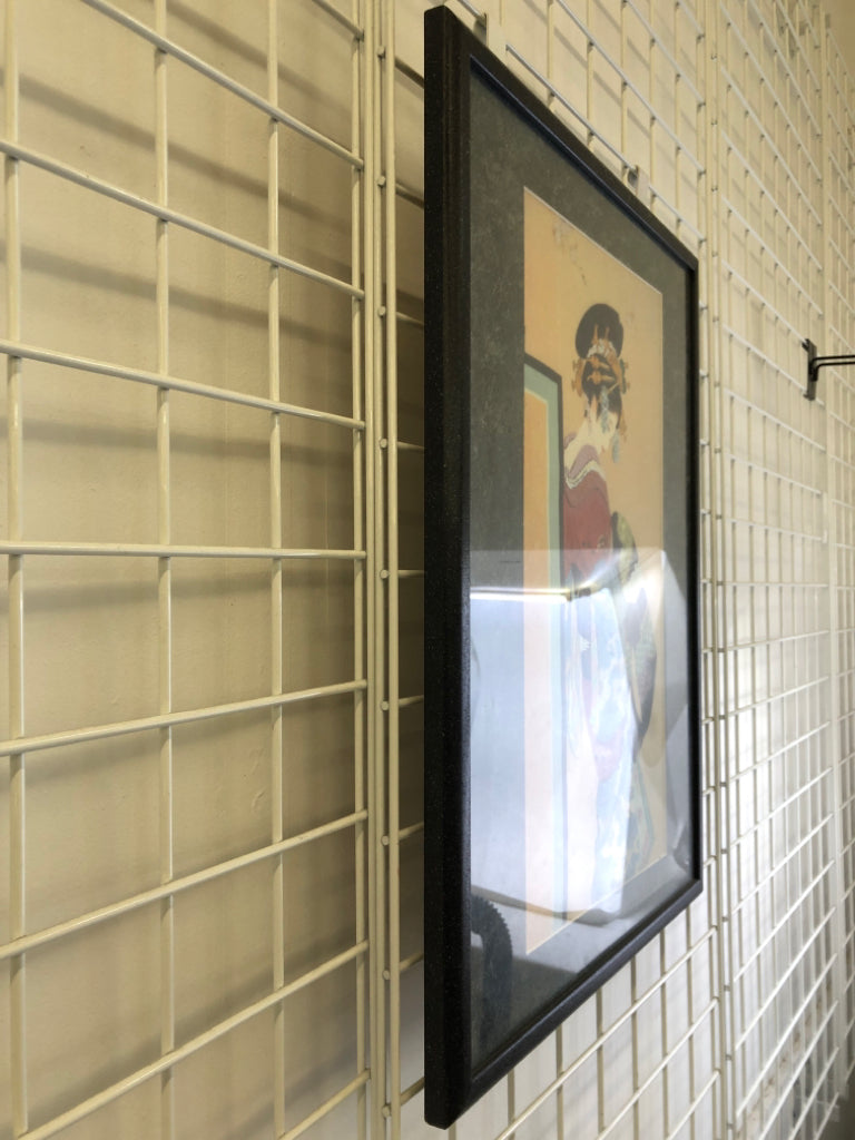 EMBROIDERED GEISHA WOMAN HOLDING BLANKETS FRAMED PRINT.