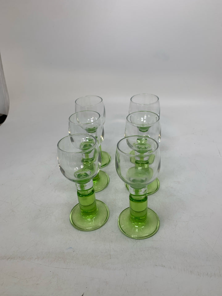 6 LIME GREEN STEM CORDIAL GLASSES.