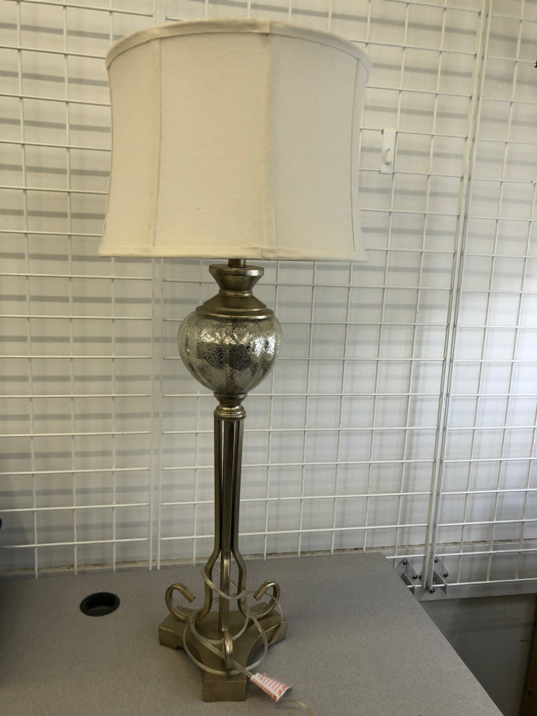 TALL METAL LAMP W/ WHITE SHADE&DISTRESSED BALL DESIGN.