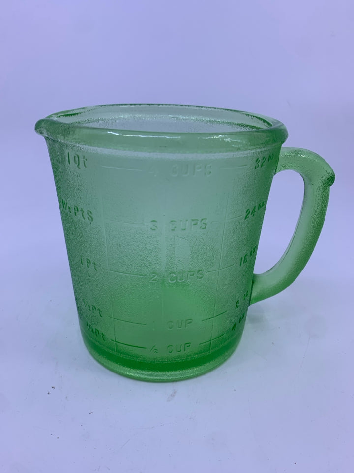 VTG GREEN DEPRESSION GLASS MEASURING CUP.