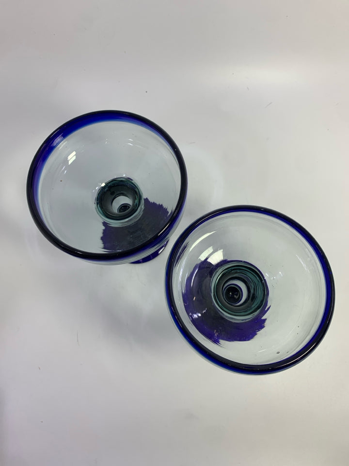 2PC BLUE RIMMED MARGARITA GLASSES.