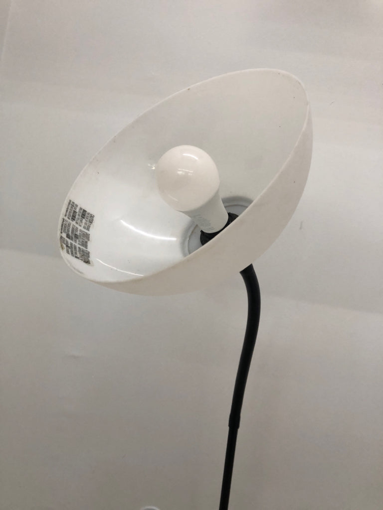 BLACK FLOOR LAMP W WHITE SHADE ADJUSTABLE HEAD.