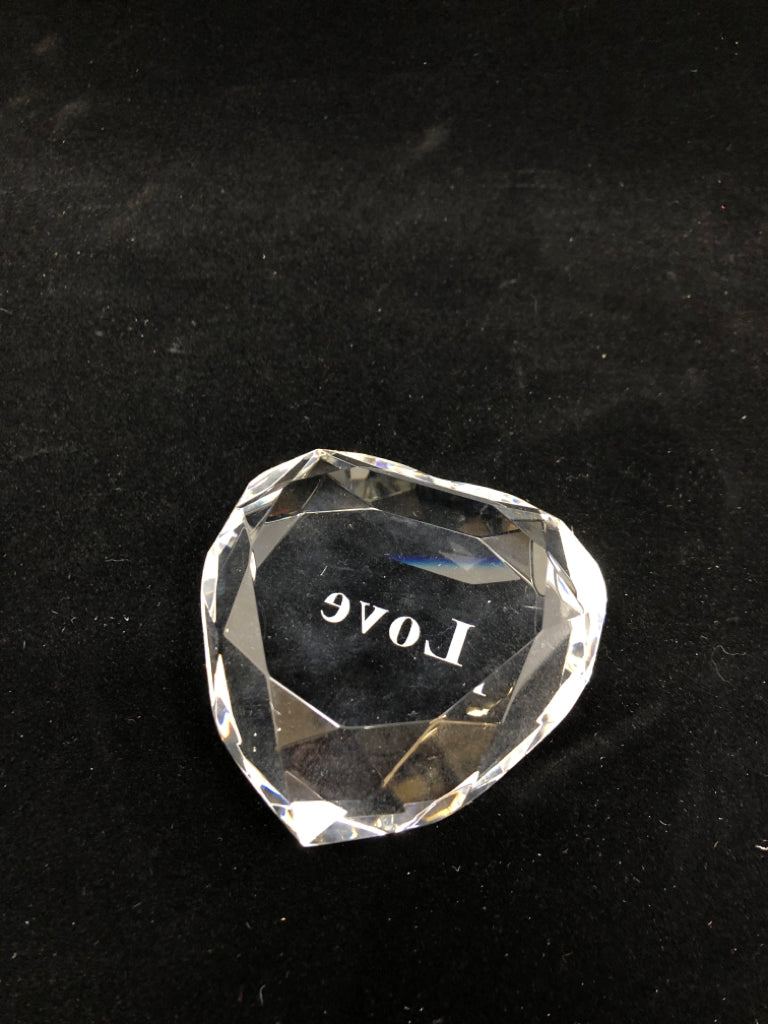 CRYSTAL HEART PAPERWEIGHT W/ETCHED LOVE.