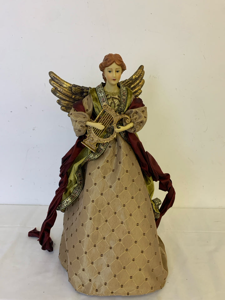 BROWN AND MAROON ANGEL W HARP TREE TOPPER.