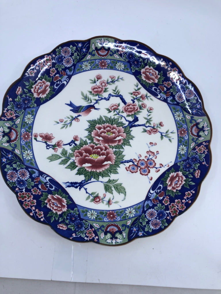 ASIAN STYLE SERVING PLATTER W/ BIRDS RED FLOWERS W/ SCALLOP EDGE.