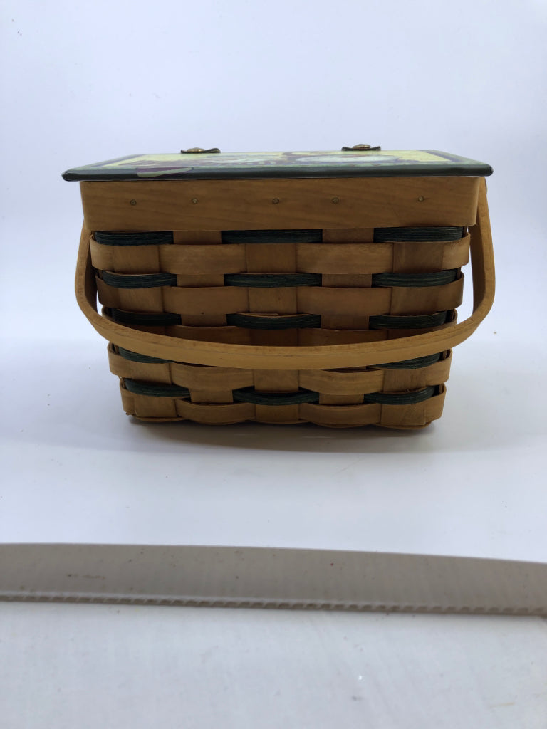 BLONDE & GREEN WEAVE BASKET WITH SNOWMEN LID.