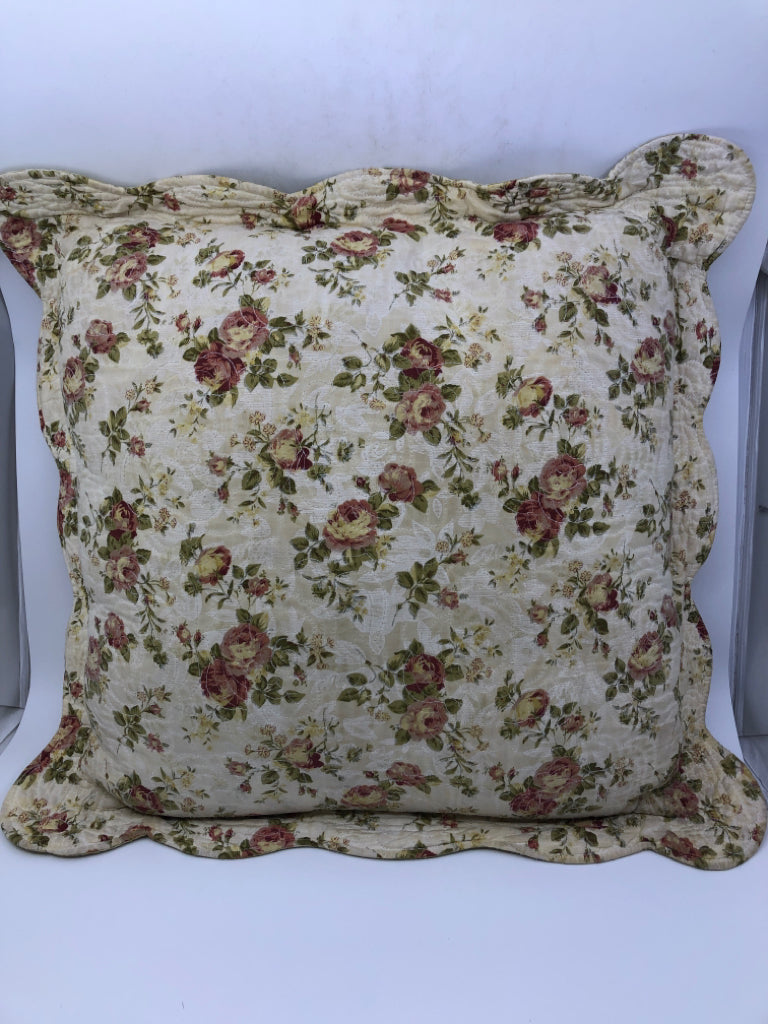 PINK ROSES W CREAM RUFFLED EDGE SQUARE PILLOW.