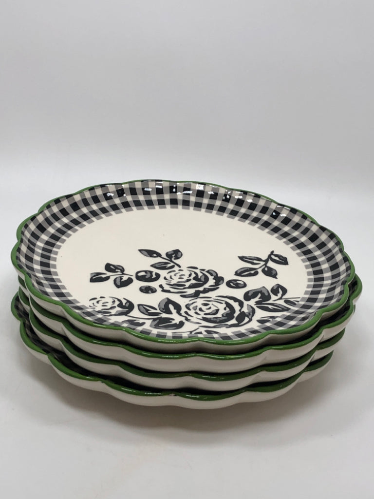 4 BLACK ROSE/PLAID PLATES.