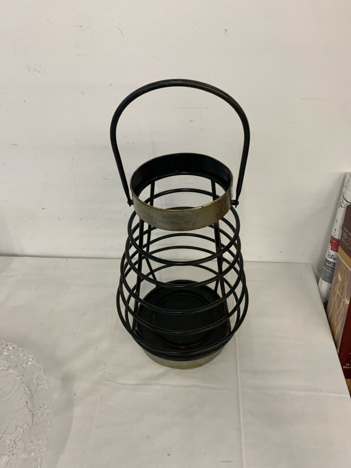 BLACK METAL DISTRESSED CANDLE HOLDER LANTERN.