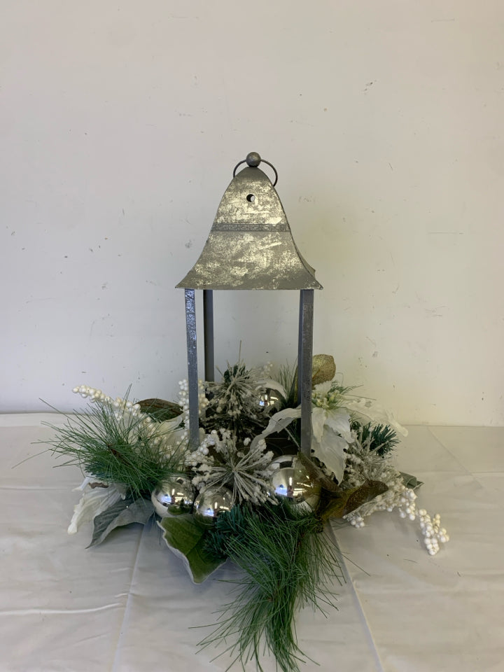 LARGE GALVANIZED LANTERN W/ FAUX  WINTER WREATH BOUQUET BOTTOM.