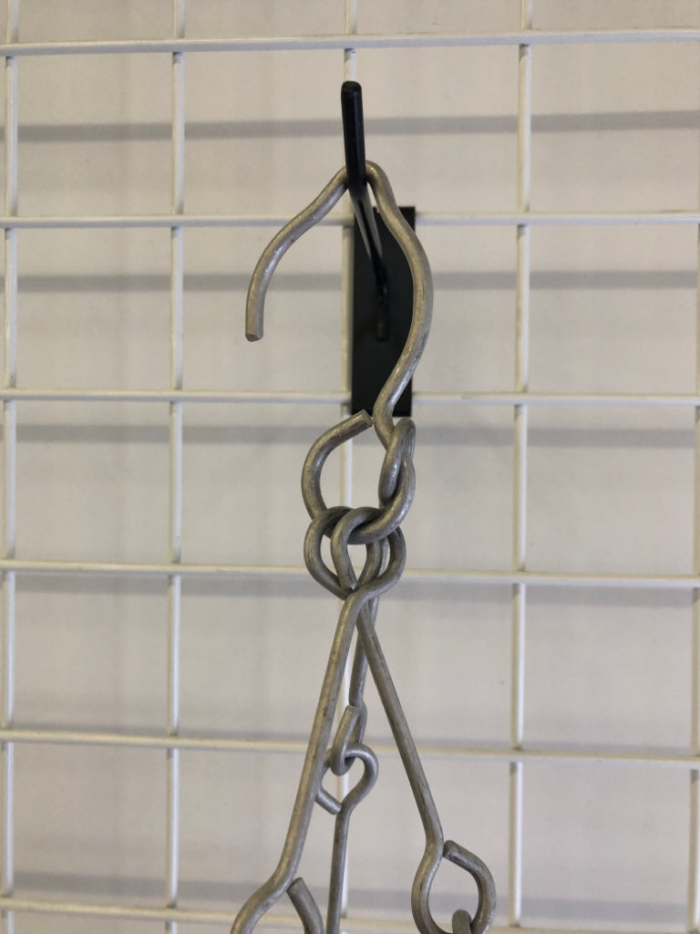 SILVER METAL HANGING PLANTER.