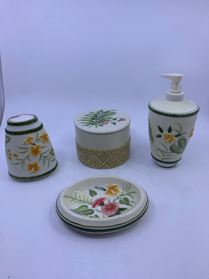 4 TROPICAL FLORAL BATHROOM SET- SOAP DISPENSER, SOAP DISH, TOOTHBRUSH HOLDER, SM