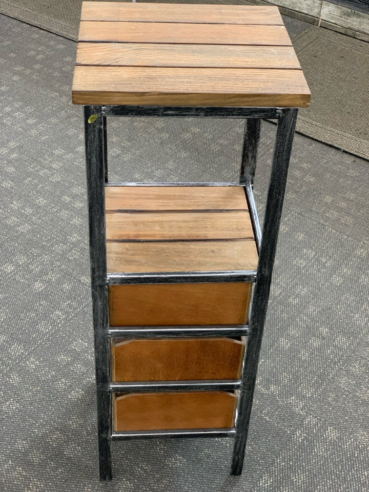 RUSTIC 3 DRAWER WOOD SIDE TABLE W/METAL FRAME.