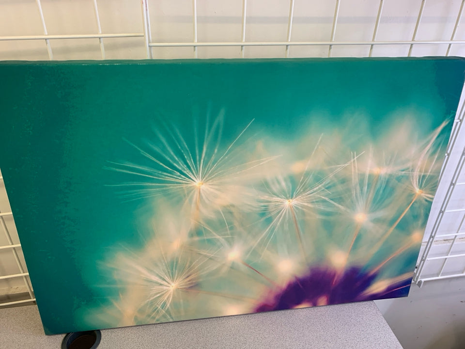 TEAL +PURPLE DANDELION CANVAS WALL ART.