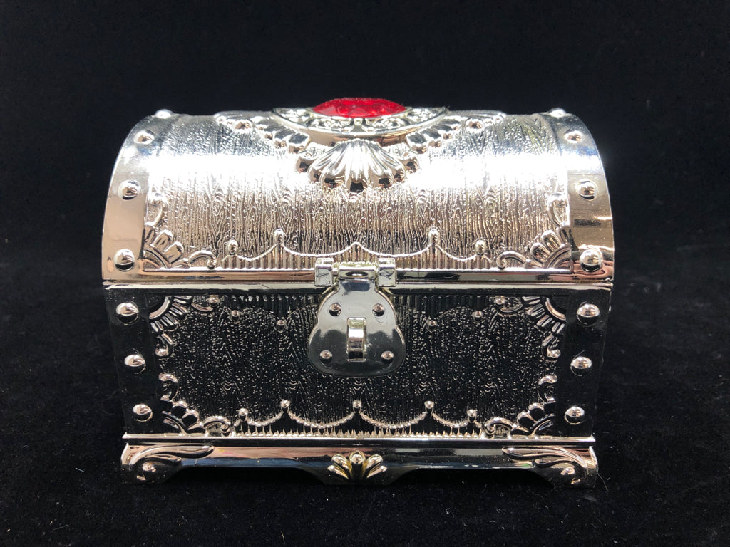 SILVER PAINTED PLASTIC TREASURE CHEST W/LOCK AND KEY.
