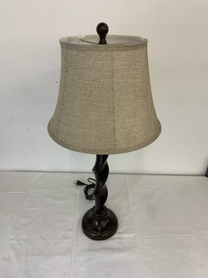 TALL BROWN SWIRL BASE LAMP W CREAM SHADE.