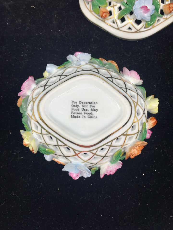 WHITE PIERCED W COLORFUL FLORAL COVERED TRINKET DISH W LID.