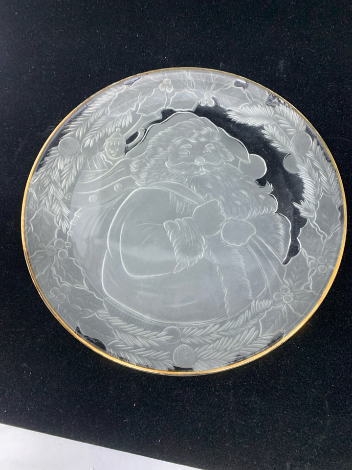 FROSTED SANTA HOLDING TOY SACK GOLD RIM SERVING PLATTER.