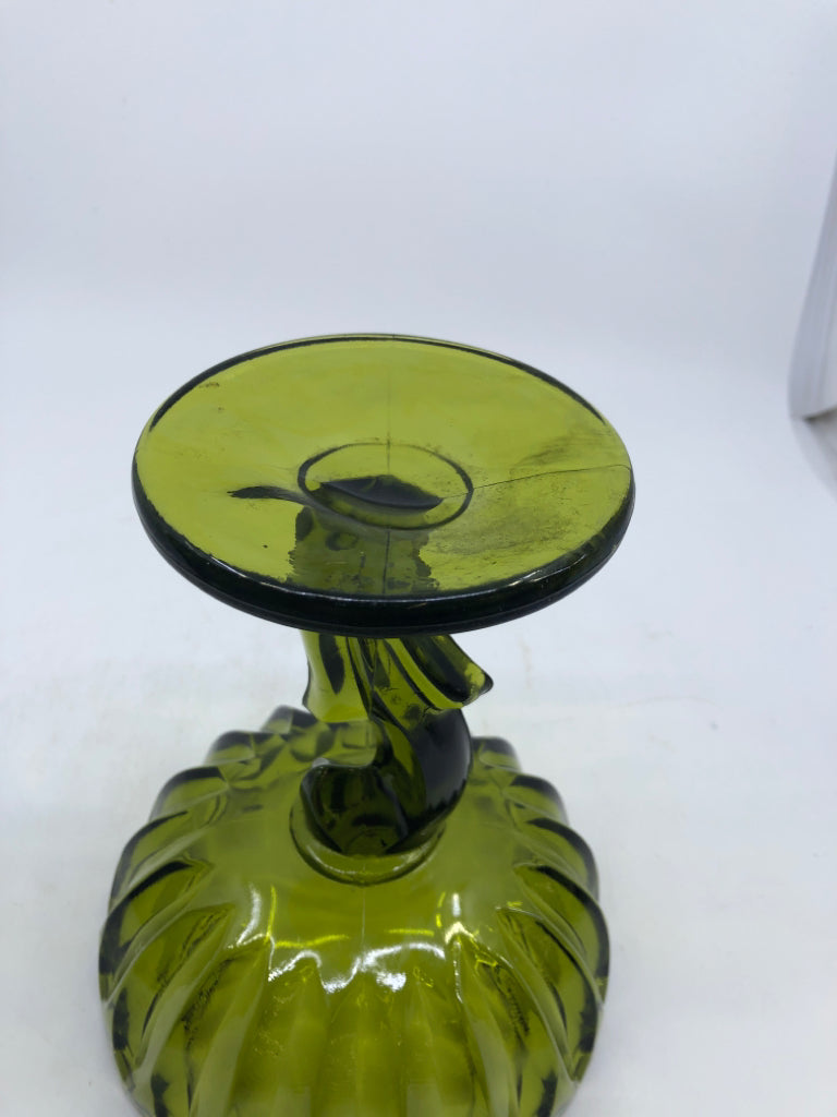 VTG GREEN GLASS FLOWER SHAPED CANDY DISH.