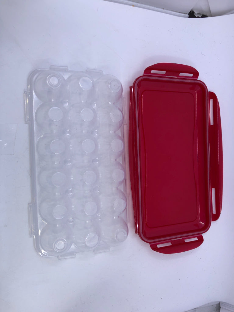 PLASTIC EGG STORAGE WITH RED LOCK LID.