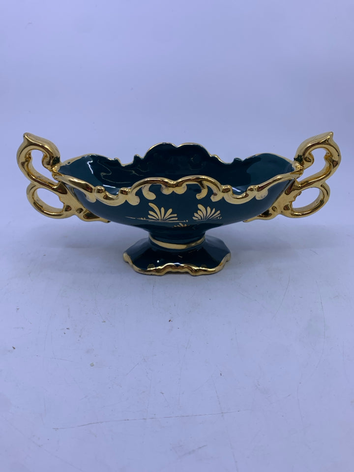 TEAL GOLD CERAMIC FOOTED OVAL PLANTER W/ FLOWER DESIGN SIGNED.