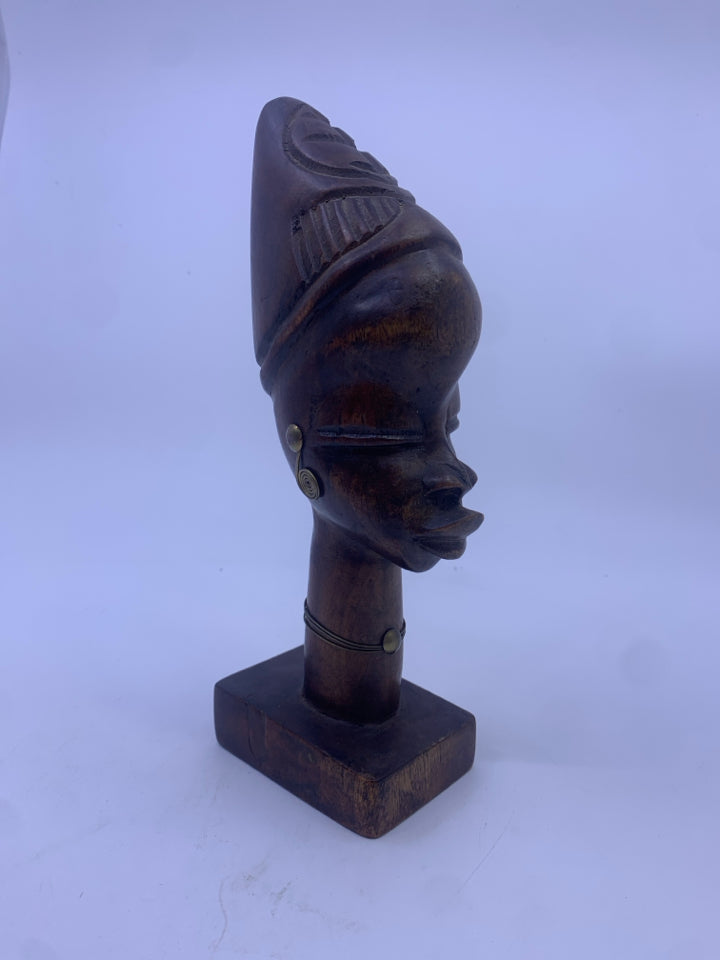 WOOD CARVED WOMAN ON STAND METAL ACCENTS MADE IN HAITI.