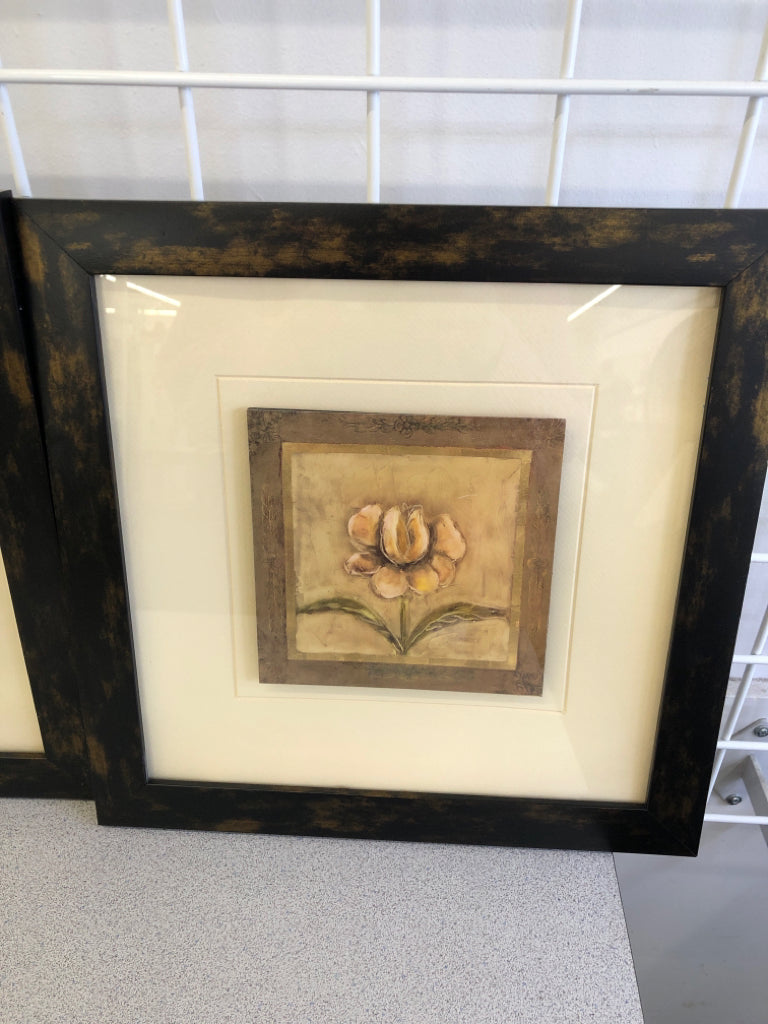 PINK FLOWER SHADOWBOX ART IN DK WOOD FRAME.