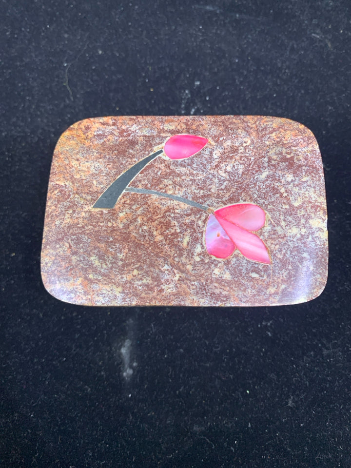 STONE TRINKET BOX W/ PINK FLOWER.