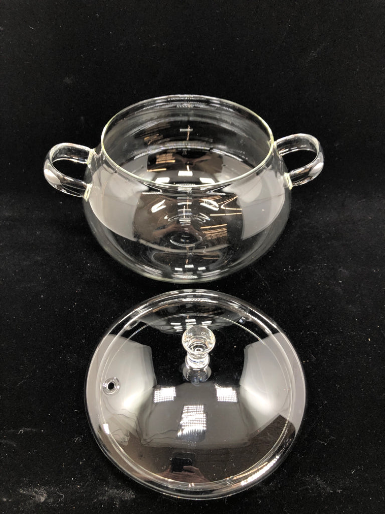 NIB GLASS POT W/LID.