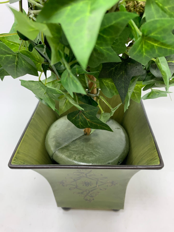 FAUX IVY TREE IN GREEN METAL PLANTER.