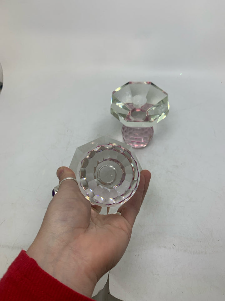 2 HEAVY OCTAGON GLASS TAPERED CANDLE W/ PINK BASE.