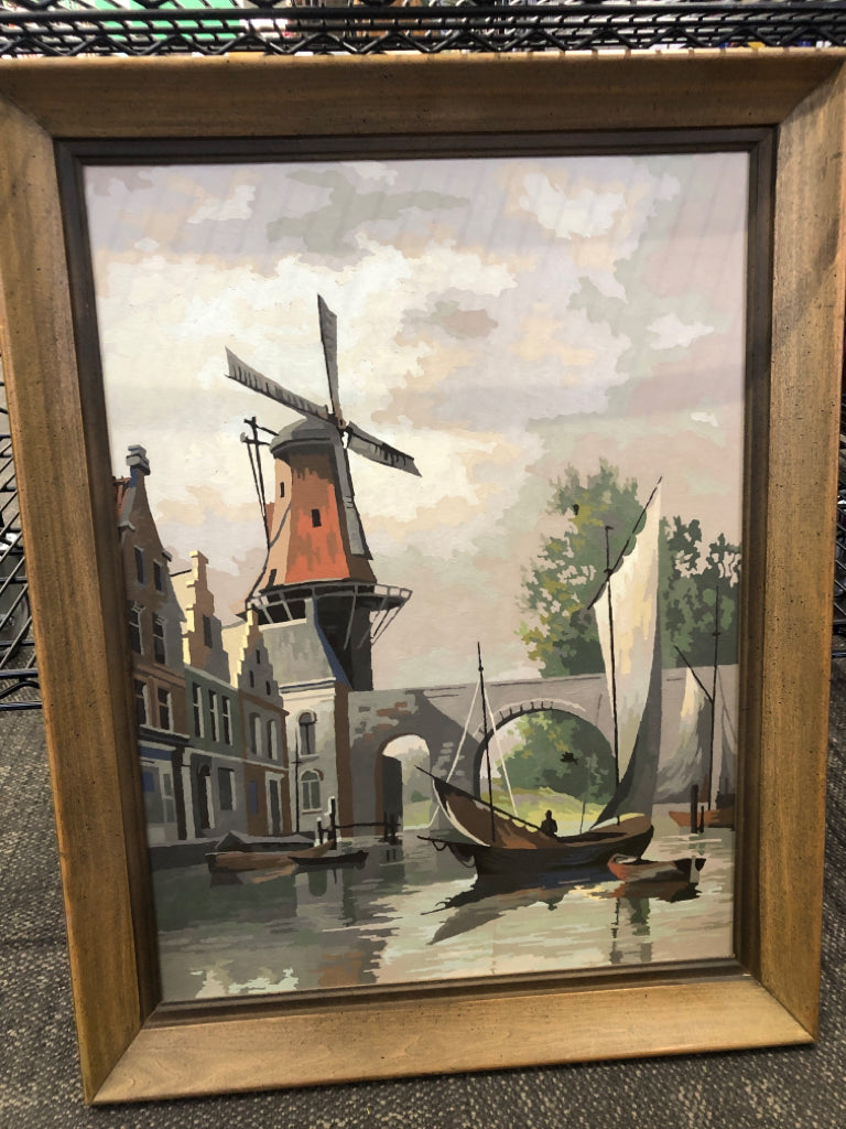VTG WINDMILL AND BOAT SCENE IN WOOD FRAME WALL ART.