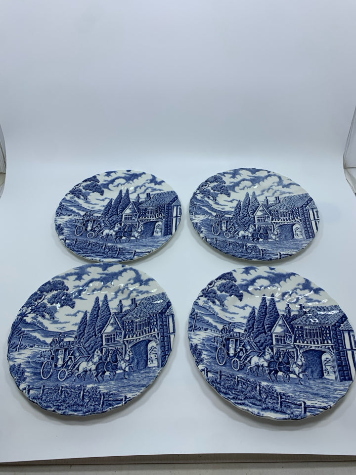 4 VTG BLUE HORSE-DRAWN CARRIAGE SALAD PLATES.
