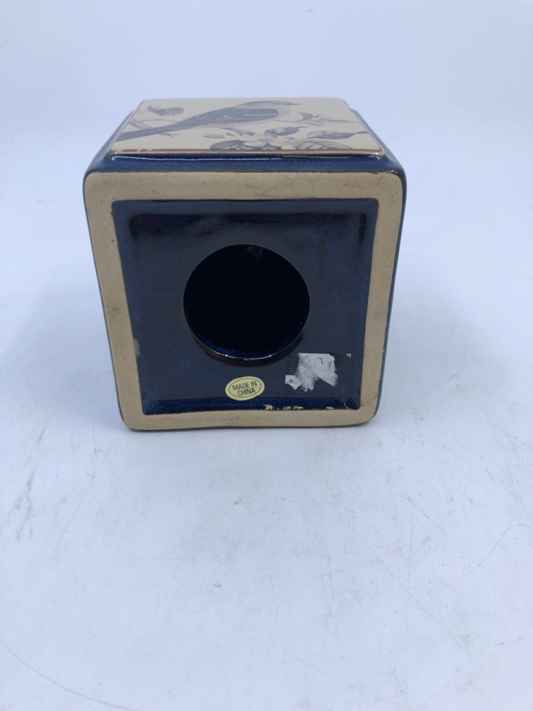 BLUE SQUARE CANDLE HOLDER W/ BIRD PRINT.