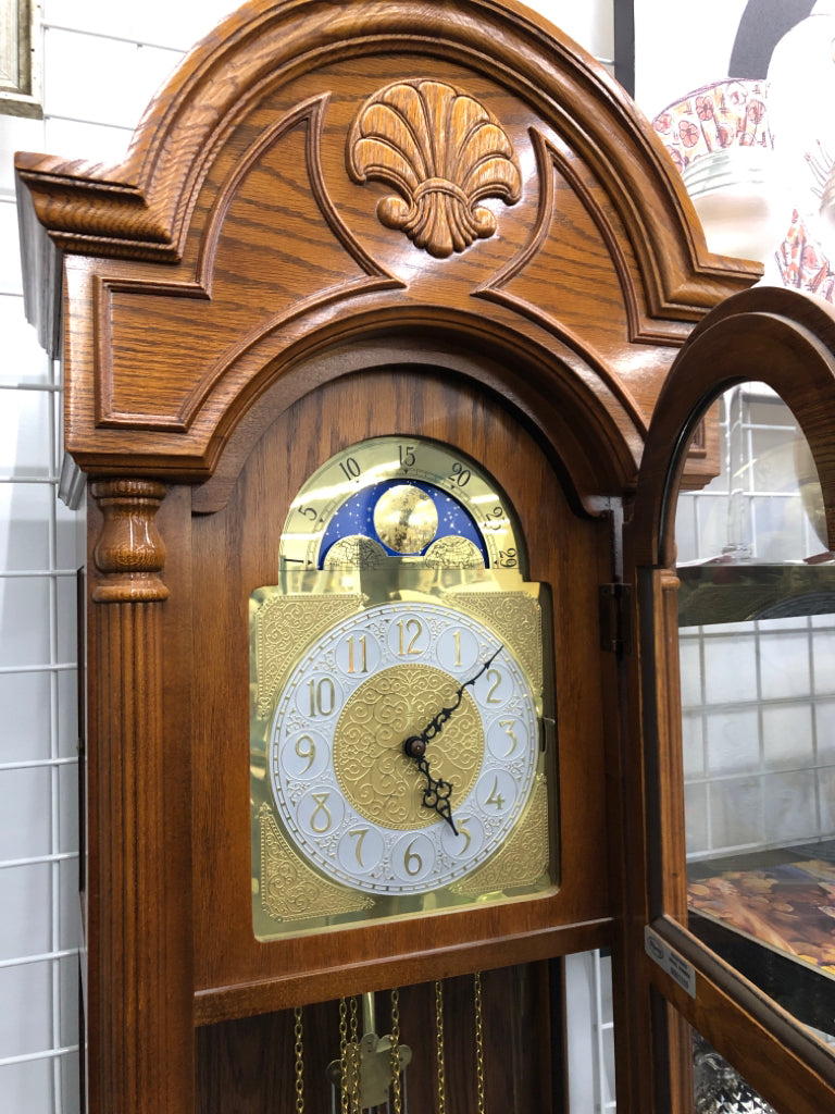 RIDGEWAY GLOBE DESIGN NARROW WOODEN GRANDFATHER CLOCK.