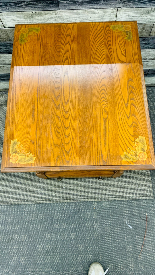 DARK BROWN HITCHCOCK TABLE W ONE LOWER DRAWER.