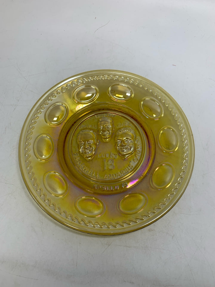 VTG AMBER IRIDESCENT GLASS APOLLO 13 MOON MISSION PLATE.